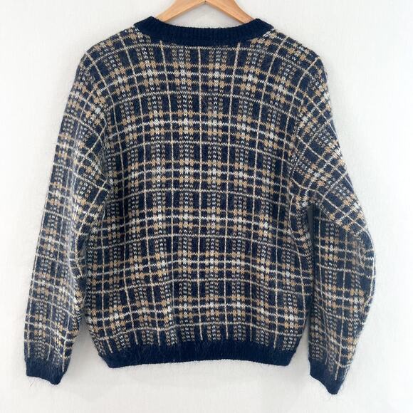 VTG Edinburgh Plaid Cardigan Sweater Medium Mohair Blend Blue Yellow Academia - Picture 2 of 7